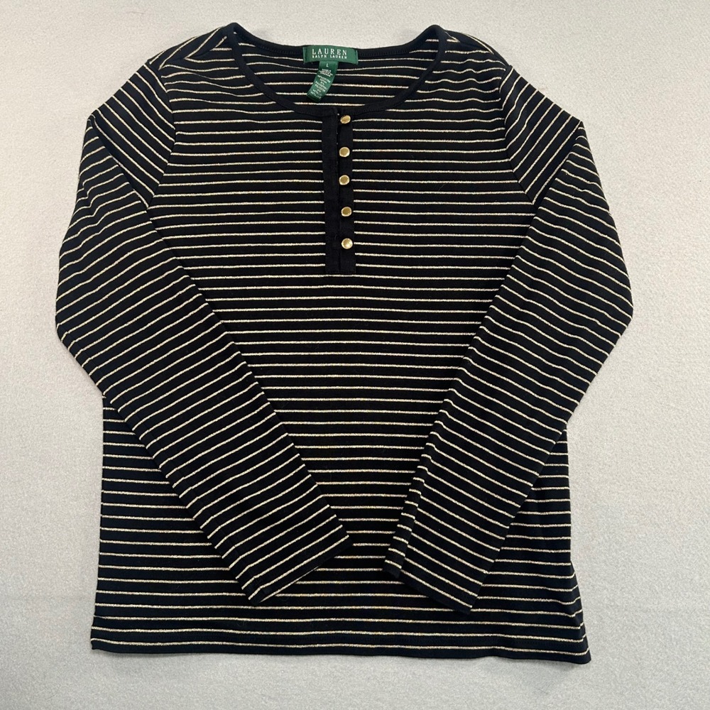 Lauren Ralph Lauren Henley Top Womens L Black Gold Metallic Stripe Long Sleeve